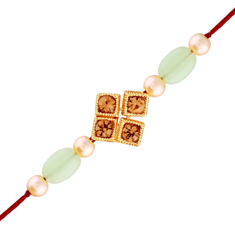 Gold Plated Stone Studded Pearl Rakhi and lumba Set for Bhaiya Bhabhi 