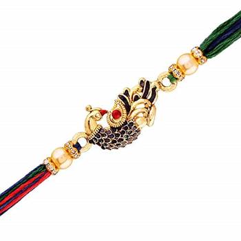 Gold Plated Peacock Design Meena Work Pearl Rakhi For Men/Boys  2