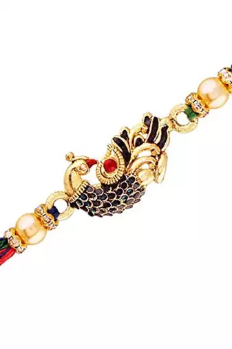 Gold Plated Peacock Design Meena Work Pearl Rakhi For Men/Boys 