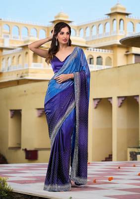 Trendmalls  Blue Rangoli Silk Heavy Swarovski Double Shade Wedding Party Wear Bridal Saree With Blouse 1