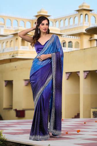 Blue Rangoli Silk Heavy Swarovski Double Shade Wedding Party Wear Bridal Saree With Blouse