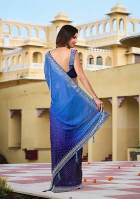 Trendmalls  Blue Rangoli Silk Heavy Swarovski Double Shade Wedding Party Wear Bridal Saree With Blouse 2