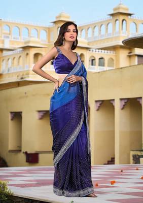 Trendmalls  Blue Rangoli Silk Heavy Swarovski Double Shade Wedding Party Wear Bridal Saree With Blouse 3