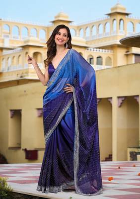 Trendmalls  Blue Rangoli Silk Heavy Swarovski Double Shade Wedding Party Wear Bridal Saree With Blouse 4