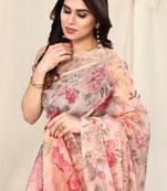 Cream and Pink Organza Floral Printed Ethnic Saree with Unstitched Blouse