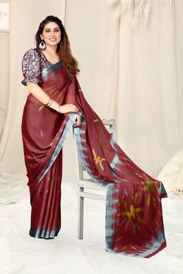 Maroon Chiffon Block Print Saree With Unstitched Blouse Piece 1