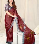 Maroon Chiffon Block Print Saree With Unstitched Blouse Piece
