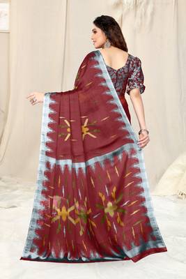 Maroon Chiffon Block Print Saree With Unstitched Blouse Piece 2