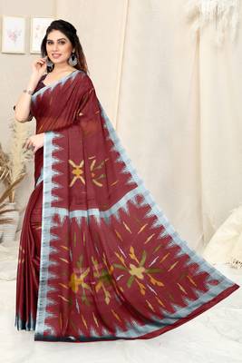 Maroon Chiffon Block Print Saree With Unstitched Blouse Piece 3