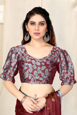 Maroon Chiffon Block Print Saree With Unstitched Blouse Piece 5
