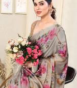 Beige Chiffon Floral Saree With Unstitched Blouse Piece