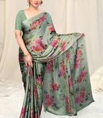 Dusty Green Chiffon Floral Saree With Unstitched Blouse Piece