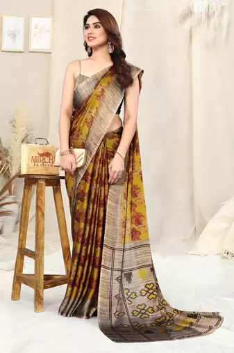Mustard chiffon leaf ikkat print saree with unstitched blouse piece