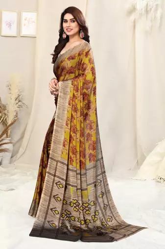 Mustard chiffon leaf ikkat print saree with unstitched blouse piece
