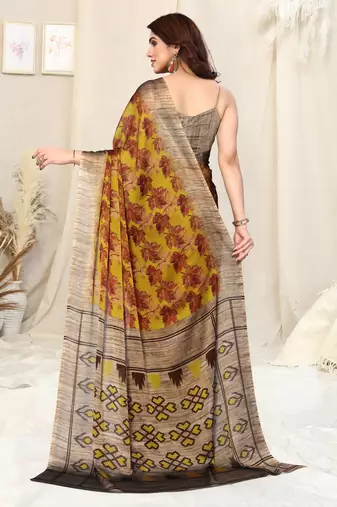 Mustard chiffon leaf ikkat print saree with unstitched blouse piece