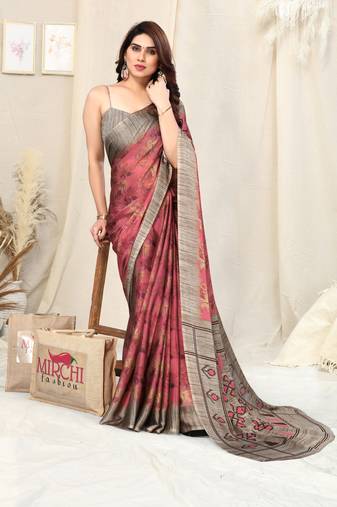 Crimson chiffon leaf ikkat print saree with unstitched blouse piece