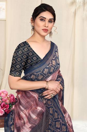 Light Pink Cotton Abstract Golden Zari Border Saree With Unstitched Blouse Piece