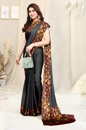 Black Chiffon Solid Kalmkari Printed Border Saree With Unstitched Blouse Piece