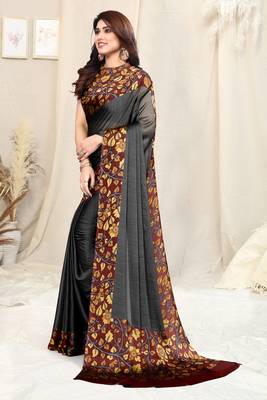 Black Chiffon Solid Kalmkari Printed Border Saree With Unstitched Blouse Piece 3
