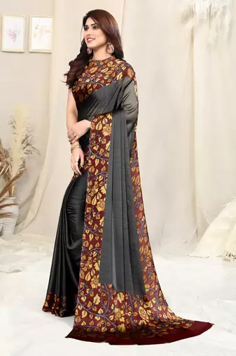 Black Chiffon Solid Kalmkari Printed Border Saree With Unstitched Blouse Piece