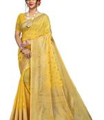 Yellow woven cotton blend womens saree with blouse