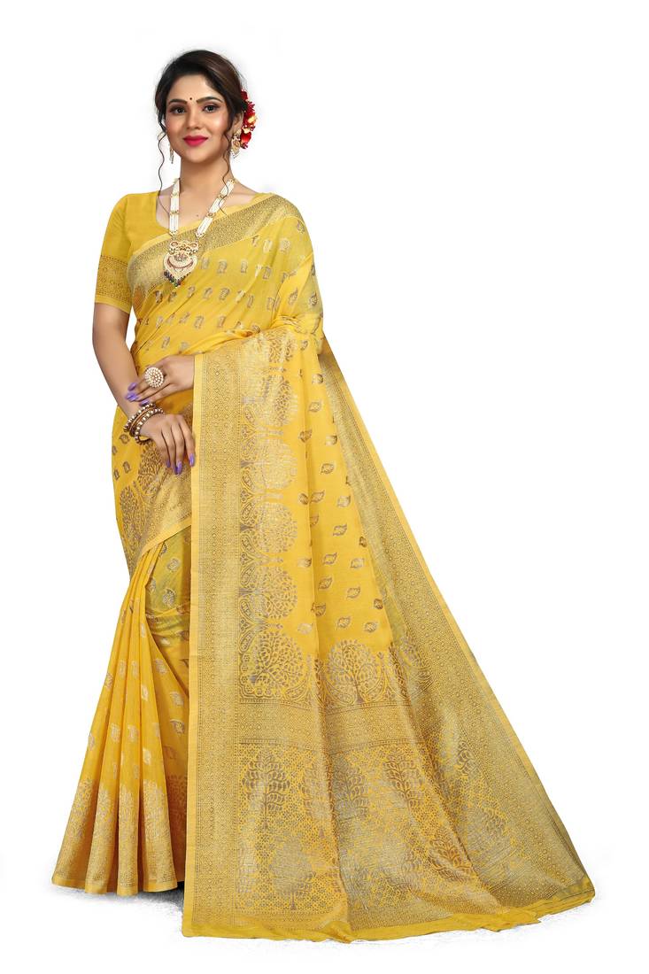 Yellow woven cotton blend womens saree with blouse