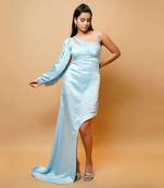 Baby blue sheath one shoulder sleeve tail dress