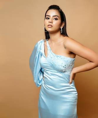 Baby blue sheath one shoulder sleeve tail dress 4