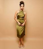 Olive green halter neck sheath dress