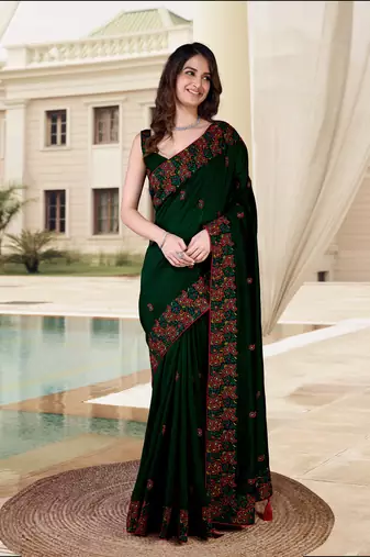 Morpeach Vichitra Silk Embroidered Party Wear Saree With Blouse
