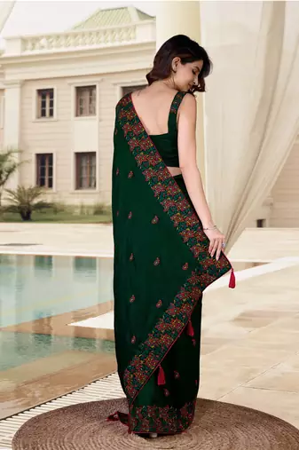 Trendmalls  Morpeach Vichitra Silk Embroidered Party Wear Saree With Blouse