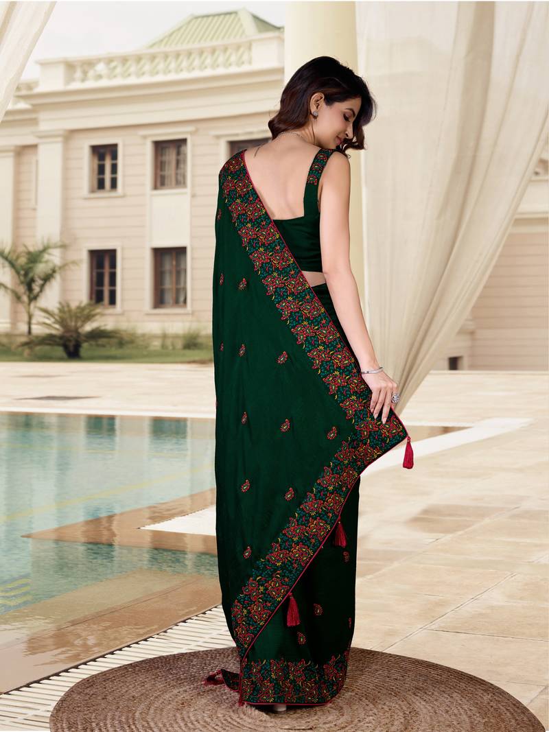  Morpeach Vichitra Silk Embroidered Party Wear Saree With Blouse