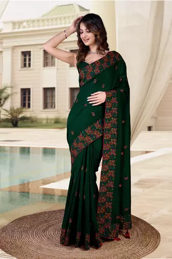 Trendmalls  Morpeach Vichitra Silk Embroidered Party Wear Saree With Blouse