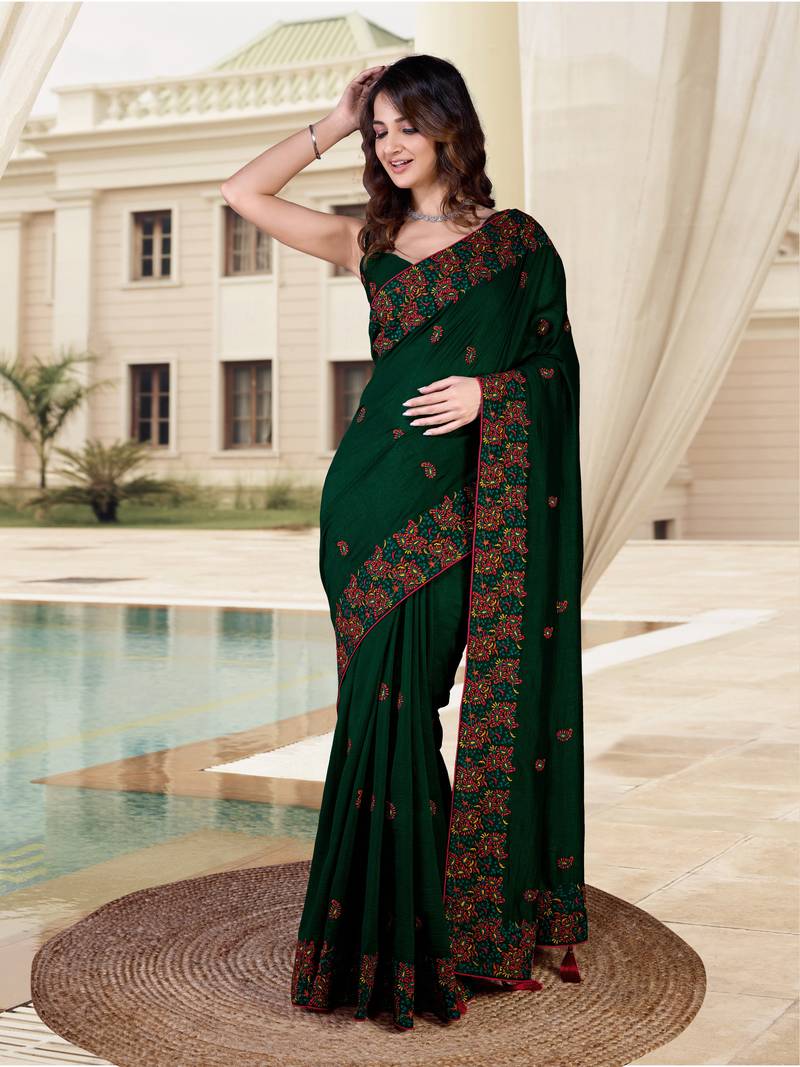  Morpeach Vichitra Silk Embroidered Party Wear Saree With Blouse