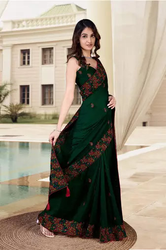 Trendmalls  Morpeach Vichitra Silk Embroidered Party Wear Saree With Blouse
