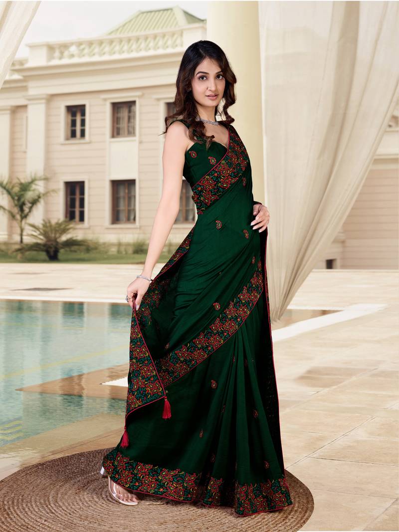  Morpeach Vichitra Silk Embroidered Party Wear Saree With Blouse