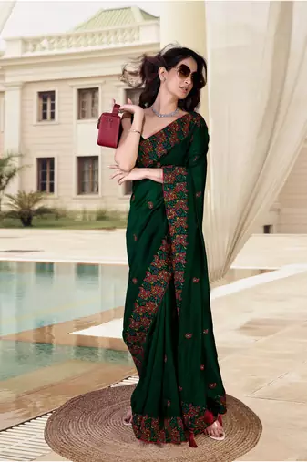 Trendmalls  Morpeach Vichitra Silk Embroidered Party Wear Saree With Blouse