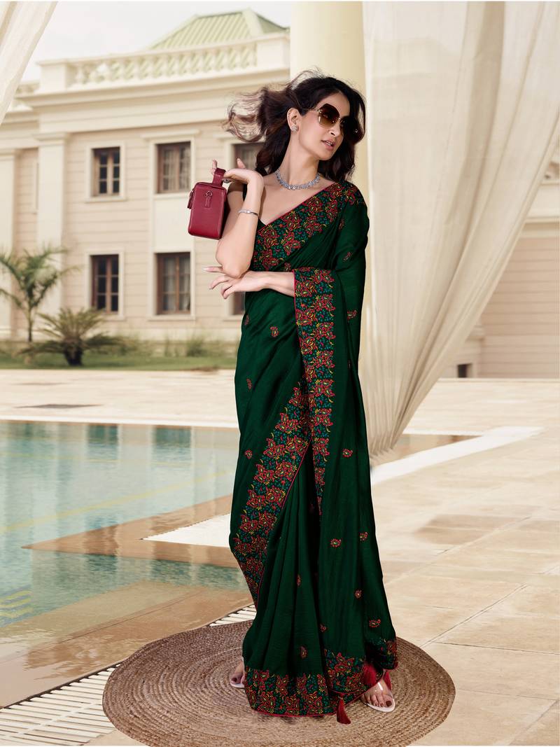  Morpeach Vichitra Silk Embroidered Party Wear Saree With Blouse