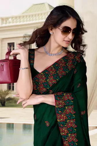 Trendmalls  Morpeach Vichitra Silk Embroidered Party Wear Saree With Blouse