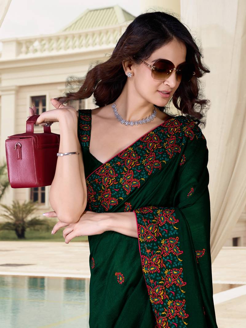  Morpeach Vichitra Silk Embroidered Party Wear Saree With Blouse