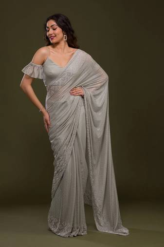 Grey Plain Silk Saree Swarovski  Work Bollywood Designer Saree for Women 