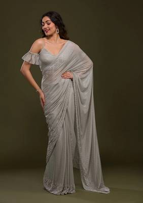 Grey Plain Silk Saree Swarovski  Work Bollywood Designer Saree for Women  1