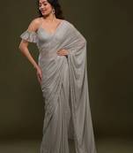 Grey Plain Silk Saree Swarovski  Work Bollywood Designer Saree for Women 
