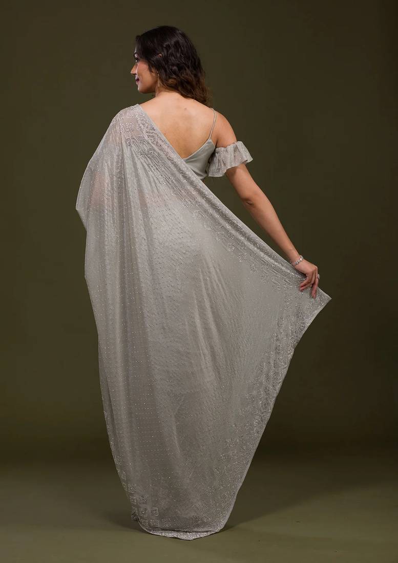 Grey Plain Silk Saree Swarovski  Work Bollywood Designer Saree for Women 