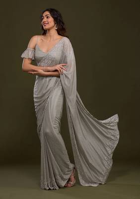 Grey Plain Silk Saree Swarovski  Work Bollywood Designer Saree for Women  3