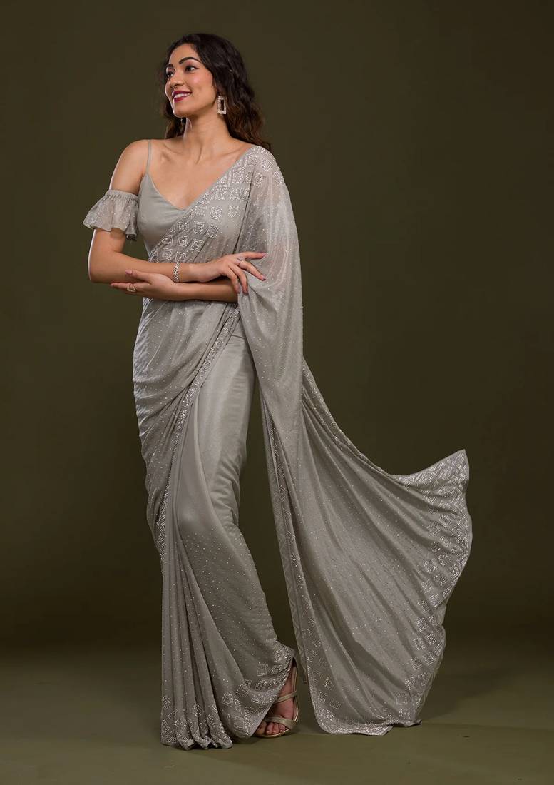 Grey Plain Silk Saree Swarovski  Work Bollywood Designer Saree for Women 