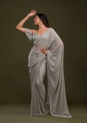 Grey Plain Silk Saree Swarovski  Work Bollywood Designer Saree for Women  4