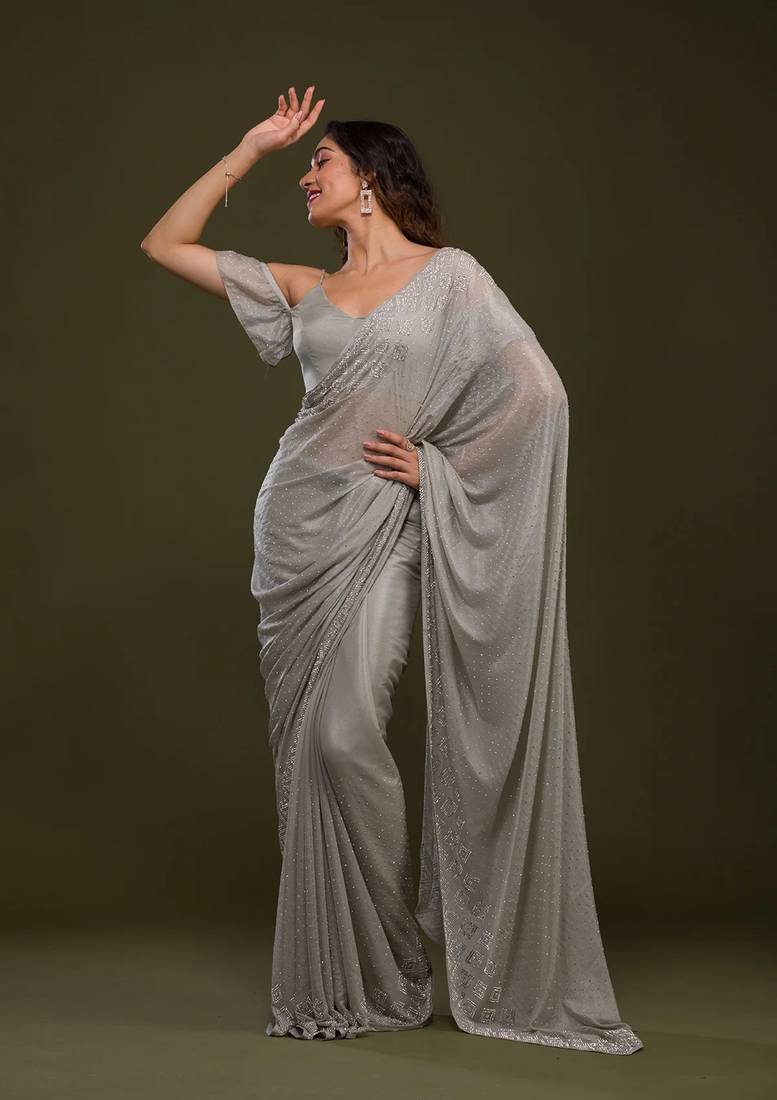 Grey Plain Silk Saree Swarovski  Work Bollywood Designer Saree for Women 