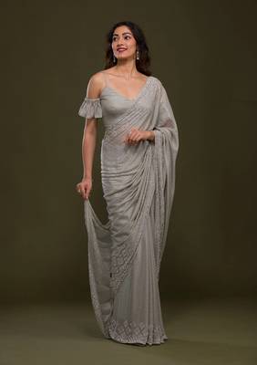 Grey Plain Silk Saree Swarovski  Work Bollywood Designer Saree for Women  5