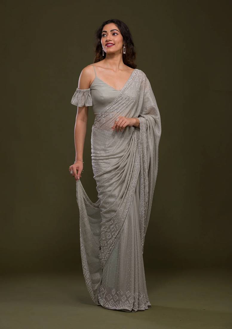 Grey Plain Silk Saree Swarovski  Work Bollywood Designer Saree for Women 